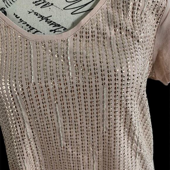 Ann Taylor Loft Beige Sequin Bling Embellished Top Shiny Glam Women's LP NEW - Picture 2 of 8